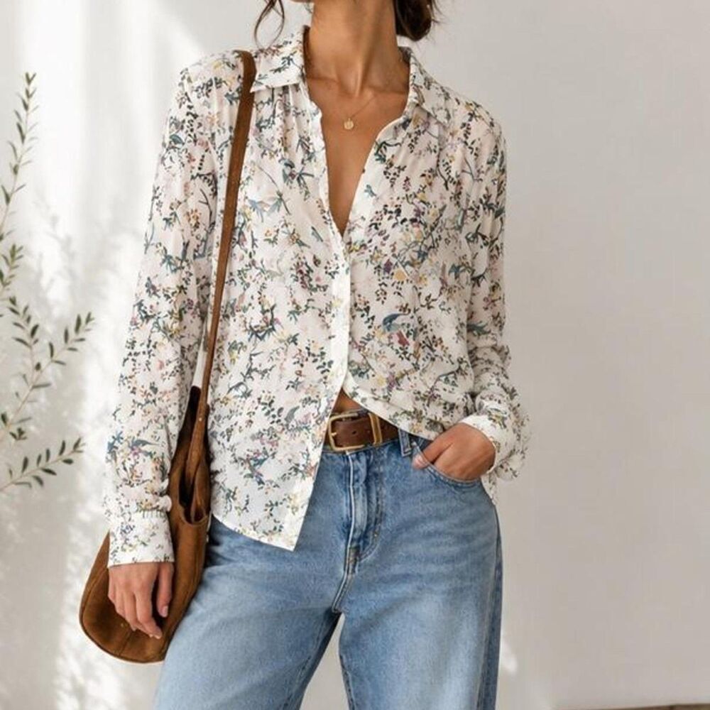 H&M Floral Bird Print Button-Up Botanical Blouse - Sz 12/L